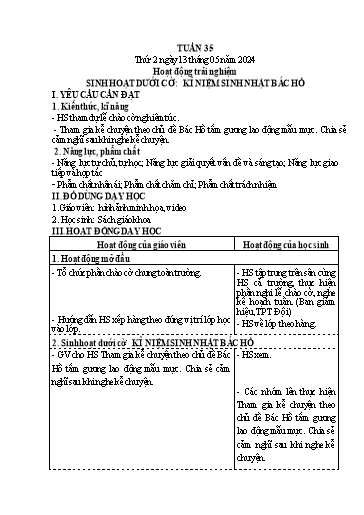 Kế hoạch bài dạy Lớp 4 - Thứ 2+3+4, Tuần 35 Năm học 2023-2024 (Nguyễn Thị Nguyệt)