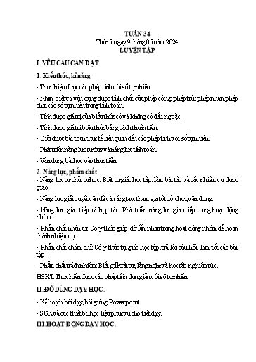 Kế hoạch bài dạy Lớp 4 - Thứ 5, Tuần 34 Năm học 2023-2024 (Hà Thị Lê Na)