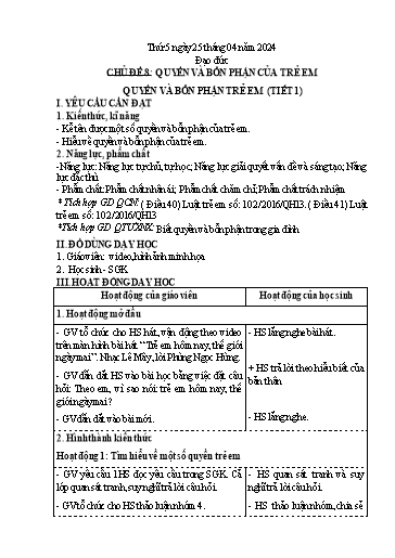 Kế hoạch bài dạy Lớp 4 - Thứ 5+6, Tuần 32 Năm học 2023-2024 (Nguyễn Thị Nguyệt)