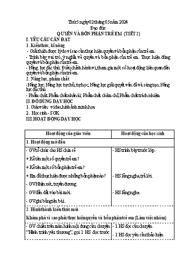 Kế hoạch bài dạy Lớp 4 - Thứ 5+6+7, Tuần 33 Năm học 2023-2024 (Nguyễn Thị Nguyệt)