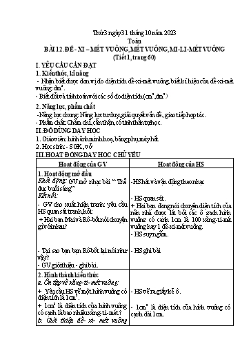 Kế hoạch bài dạy Toán 4 - Bài 12: Đề-xi-mét vuông, mét vuông, mi-li-mét vuông (Tiết 1. Trang 60) Năm học 2023-2024 (Cao Thị Thủy)