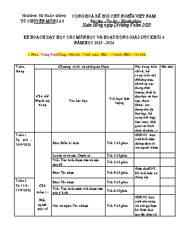 Kế hoạch dạy học các môn học và hoạt động giáo dục khối 4 năm học 2023-2024 (Cao Thị Thủy)